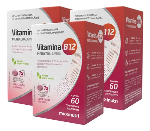 Vitamina B12 Maxinutri 60 Comprimidos Mastigável Frutas Vermelhas Zero