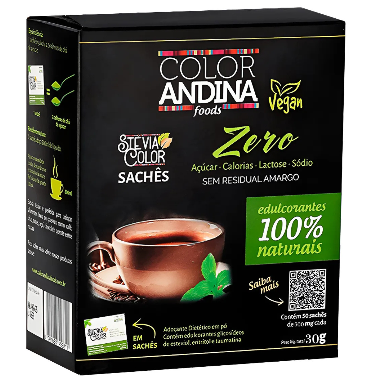 Adoçante Stevia Em Pó Com 50 Sachês Color Andina Sem Residual Amargo